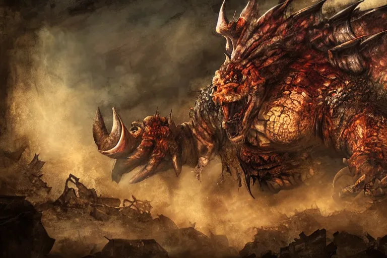 Image similar to concept art of bowser with huge horns and scales and talons in a ruined kingdom, resident evil, horror, occult, terror, mist, volumetric render, digital painting, detailed painting