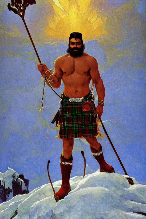 Prompt: a symmetrical tarot card of a muscular shirtless desi mountaineer wearing a scottish tartan kilt on a snowy mountain peak. he has a wooden staff, cowboy hat, boots, thick build. background is a stained glass golden sunrise. art deco, art nouveau, homoerotic. by raja ravi varma, by louis comfort tiffany, by albert bierstadt. trending on artstation.