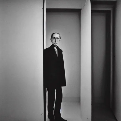Prompt: underexposed photo of Marcel Duchamp in a minimal room with an ancient machine, tri-x, archival pigment print in the style of Hito Steyerl and Trevor Paglen, contemporary art