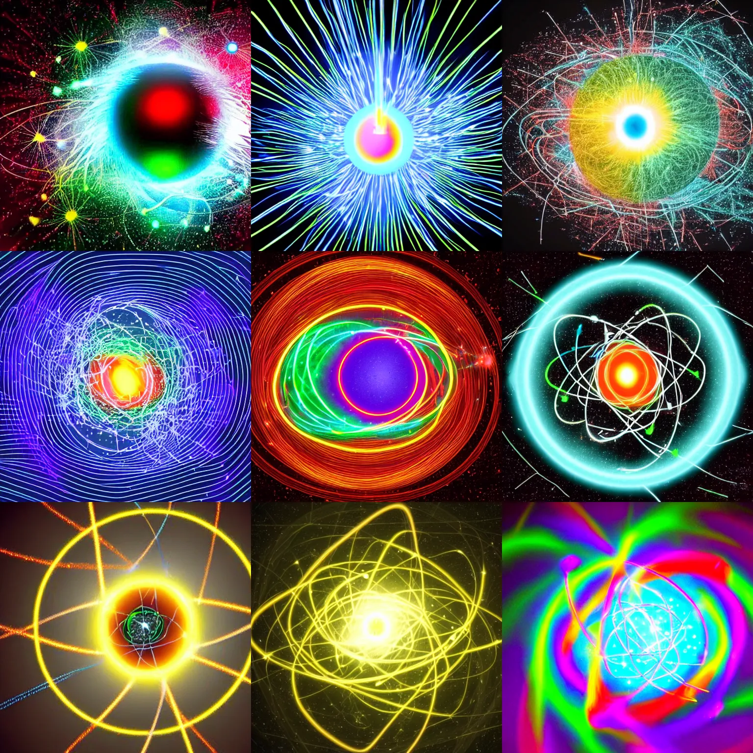 Prompt: protons, electrons, quarks swirling glowing luminescent particles inside an atom