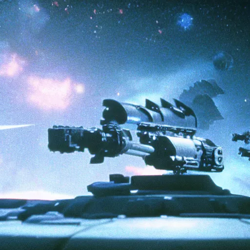 Image similar to a still from a film of a live action sci-fi battle far off in the distance taking place over a giant space structure, 35mm, directed by Steven Spielberg, miniatures, ILM, very cohesive