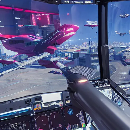 Prompt: microsoft flight simulator for cyberpunk 2077.