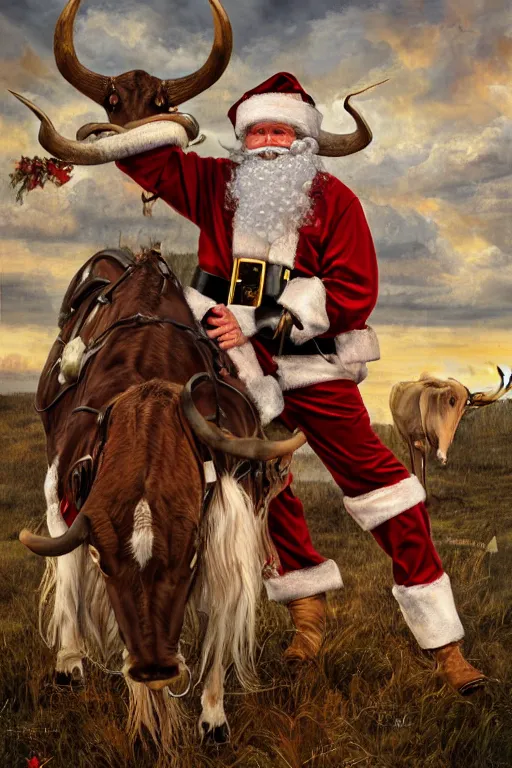 Image similar to Redneck Santa with flying Longhorns, oil on canvas, intricate, portrait, 8k highly professionally detailed, HDR, CGsociety