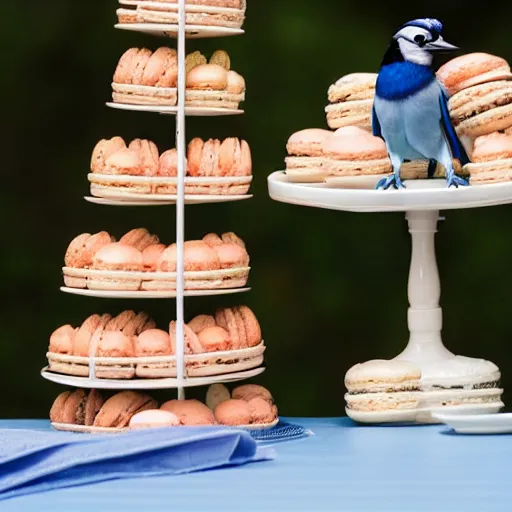 Image similar to a tall blue jay bird standing on top of a basket of macaroons on a table