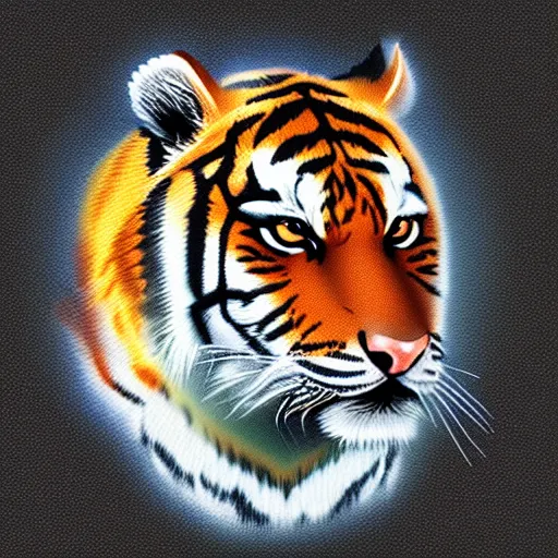 Image similar to “portrait of tiger in the style of metamask holding a laser gun, with a dark background behind him”