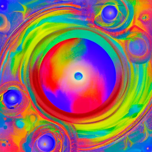 Prompt: painting of the hidden universe at the heart of an atom. polychromatic color scheme