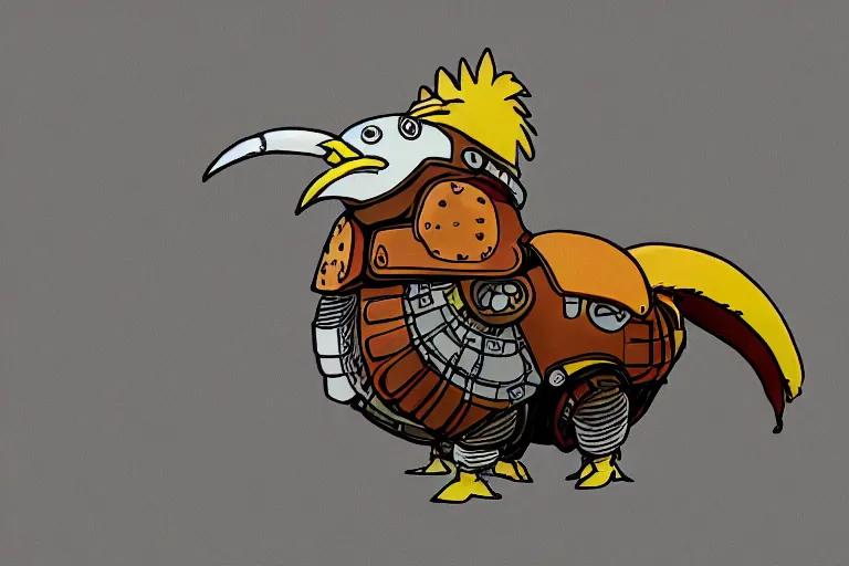 Image similar to heavily armoured mechanical chicken by studio ghibli