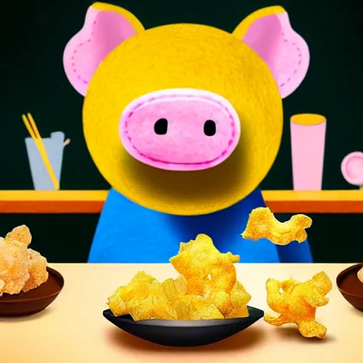 Image similar to realistic photo of a cute felt stuffed animal pig wearing a gold crown eating a bowl pork rinds and pickles at table with a bib on, high quality, cinematic concept art