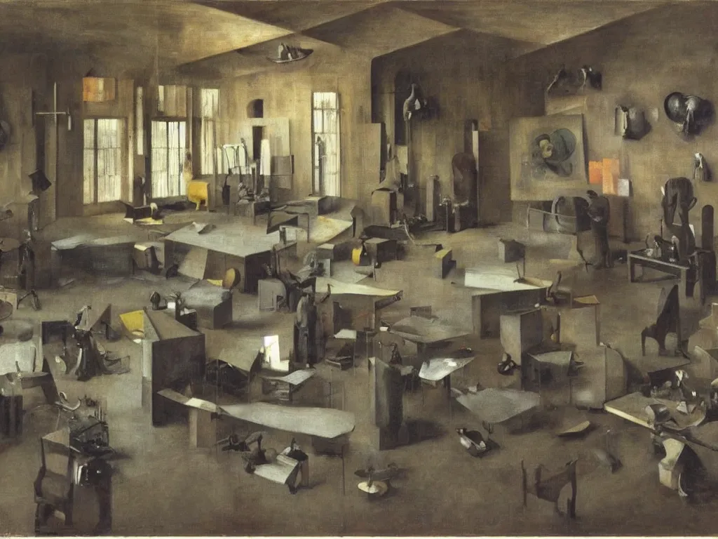 Image similar to Brutalist interior of an crazy imaginative sculptor studio. Painting by Vilhelm Hammershoi, Yves Tanguy