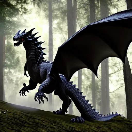 Image similar to black scaled fire - breathing dragon with big wings, forest background, 4 k, cinematic composition, fantasy, extremely detailed, hyperrealism