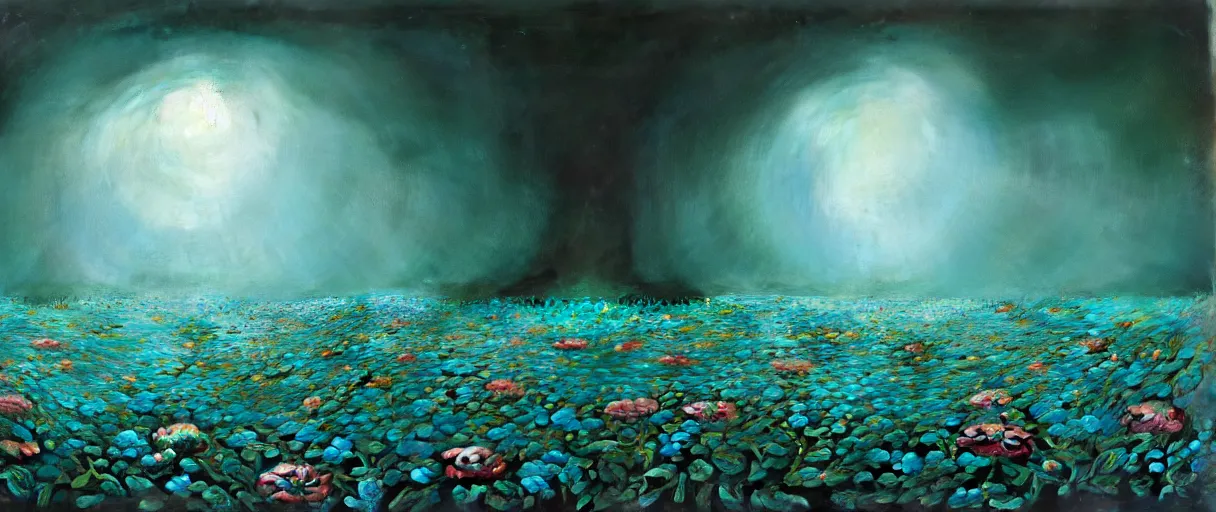 Image similar to hyperrealist highly detailed neo-baroque flowery void swallowing the earth concept art pascal blanche key sage dramatic teal lighting 8k wide angle shallow depth of field