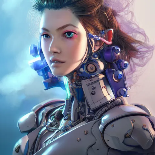 Image similar to studio portrait of lawful good colorful female holy mecha paladin absurdly beautiful, elegant, young sensual graceful woman, ultrafine hyperrealistic detailed face illustration by kim jung gi, irakli nadar, intricate linework, sharp focus, bright colors, matte, octopath traveler, final fantasy, unreal engine highly rendered, global illumination, radiant light, intricate environment