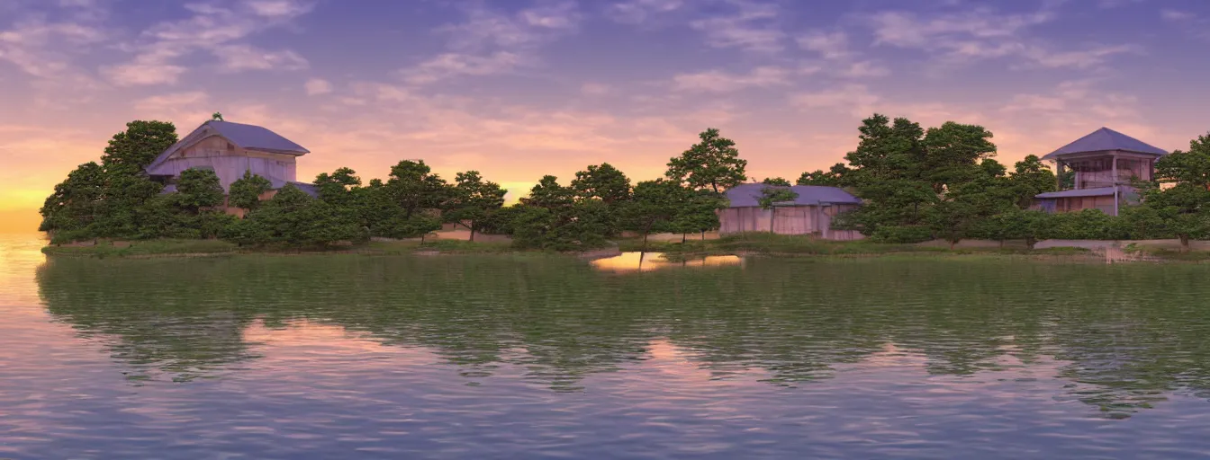 Image similar to a serene landscape with a singular building near a lake at sunset in anime style, 8k, low saturation, high quality, high detail