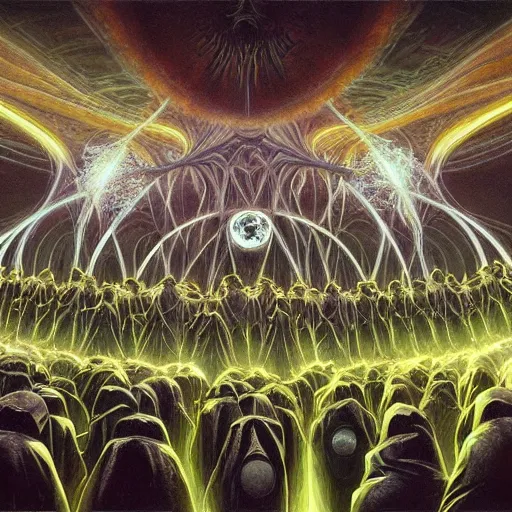 Prompt: a quantum computer, a dark cabal of hooded mystics in long robes gathered in a circular formation around a highly advanced quantum computer processing the spirits of the dead, epic scifi art, dan seagrave art, michael whelan