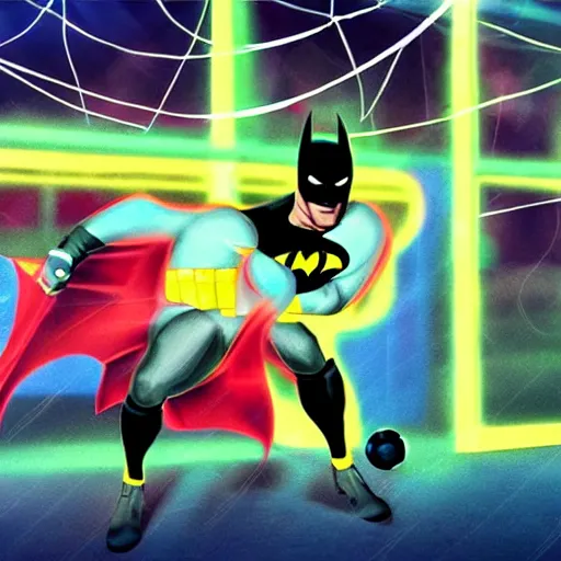 Prompt: batman playing soccer in a crowded space stadium with neon lighting hyperrealistic