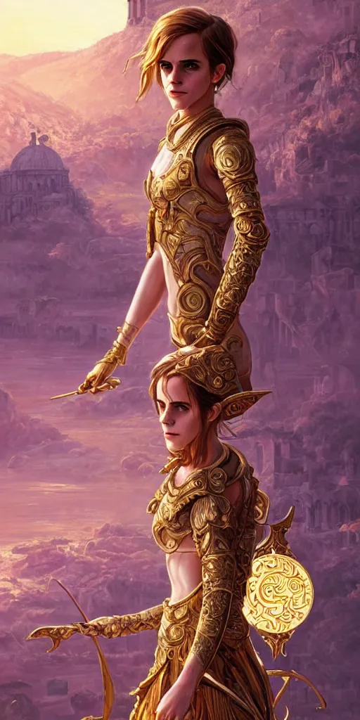 Image similar to portrait of emma watson as knights of zodiac girl, golden and copper shining armor, in ruined agora of athens sunrise, ssci - fi and fantasy, intricate and very very beautiful and elegant, highly detailed, digital painting, artstation, concept art, smooth and sharp focus, illustration, art by ilya kuvshinov and tian zi and wlop and z - - ed