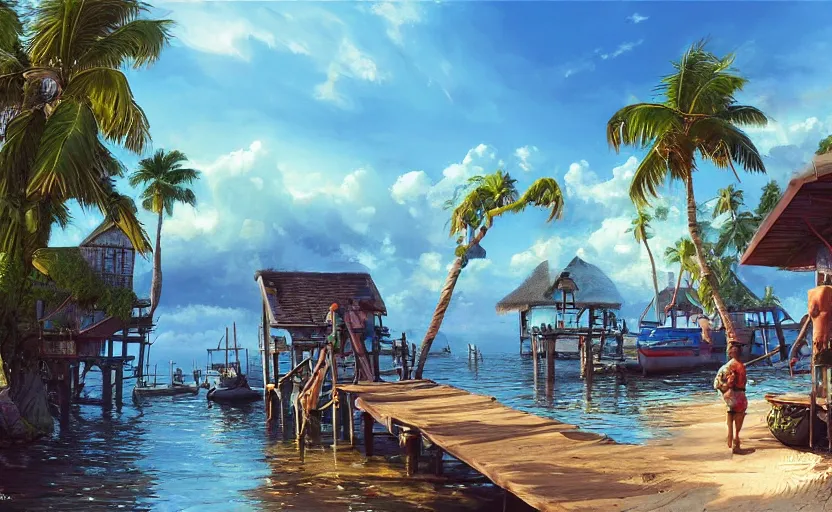 Prompt: a little fisher village on a tropical island, wood pier and houses, nets and boats, scenic view, sunset, matte painting by marc simonetti and rhads and donato giancola, trending on artstation