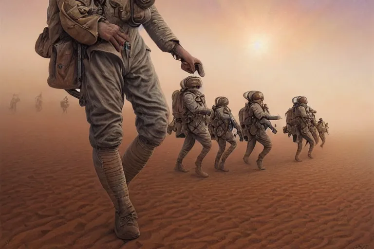 Prompt: portrait shot of ww 1 astronauts marching through the marsian desert, intricate, elegant, highly detailed, centered, digital painting, artstation, concept art, smooth, sharp focus, illustration, artgerm, tomasz alen kopera, peter mohrbacher, donato giancola, joseph christian leyendecker, wlop, boris vallejo