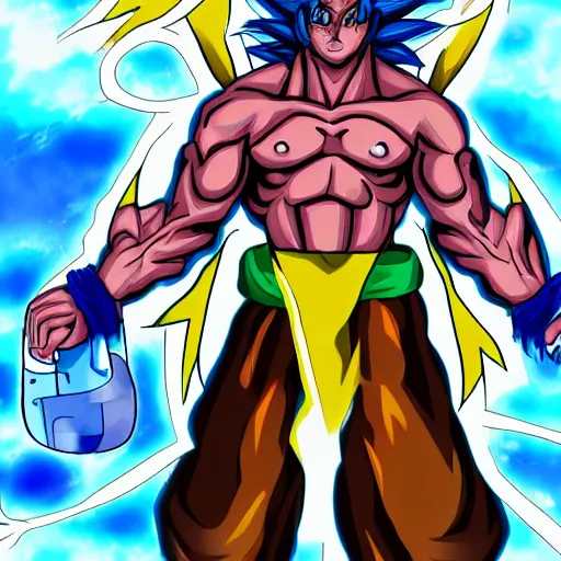 Image similar to who: Jesus Christ where: hell action: destroying a monster. how: transforming in a super Saiyan by: art gem , trending on art station