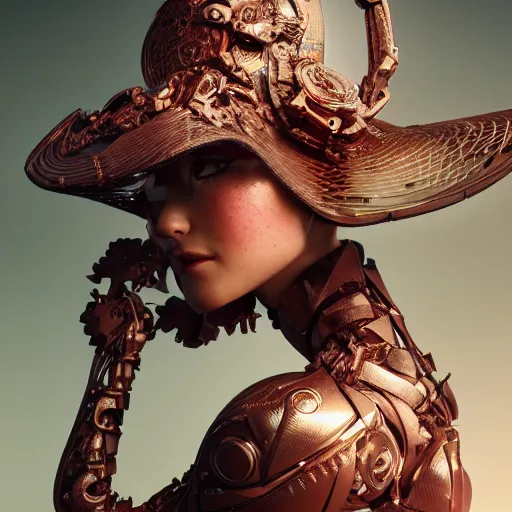 Prompt: beautiful impish biomechanical hatter incredible technological hair, masterpiece crystalline incrustations, hyper - detailed face, elegant pose, movie still, intricate, octane render, cinematic lighting, cgsociety, unreal engine,