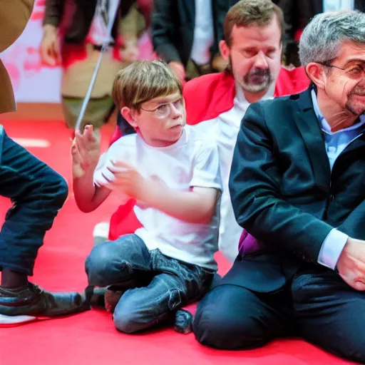 Prompt: melenchon is spanking a kid version of macron, by esao andrew