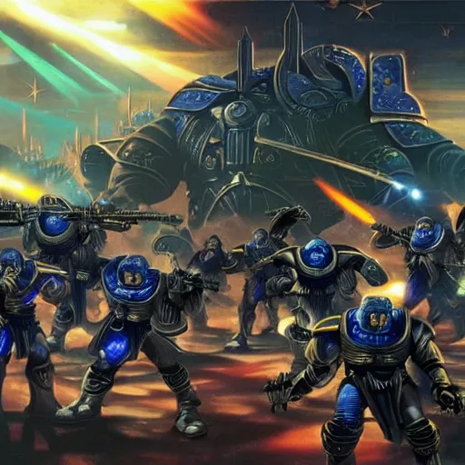 Image similar to Astartes are fighting against space orcs, huge armies, epic battle, a bunch of explosions, bullet tracers, Astartes are very well detailed, orcs are very well detailed, Photo style retro futurism art