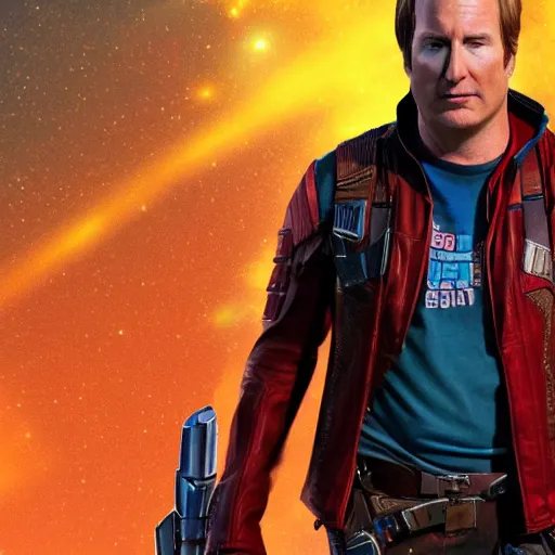 Image similar to Bob Odenkirk as Star Lord from Guardians of the Galaxy, photorealistic, cinematic lighting,