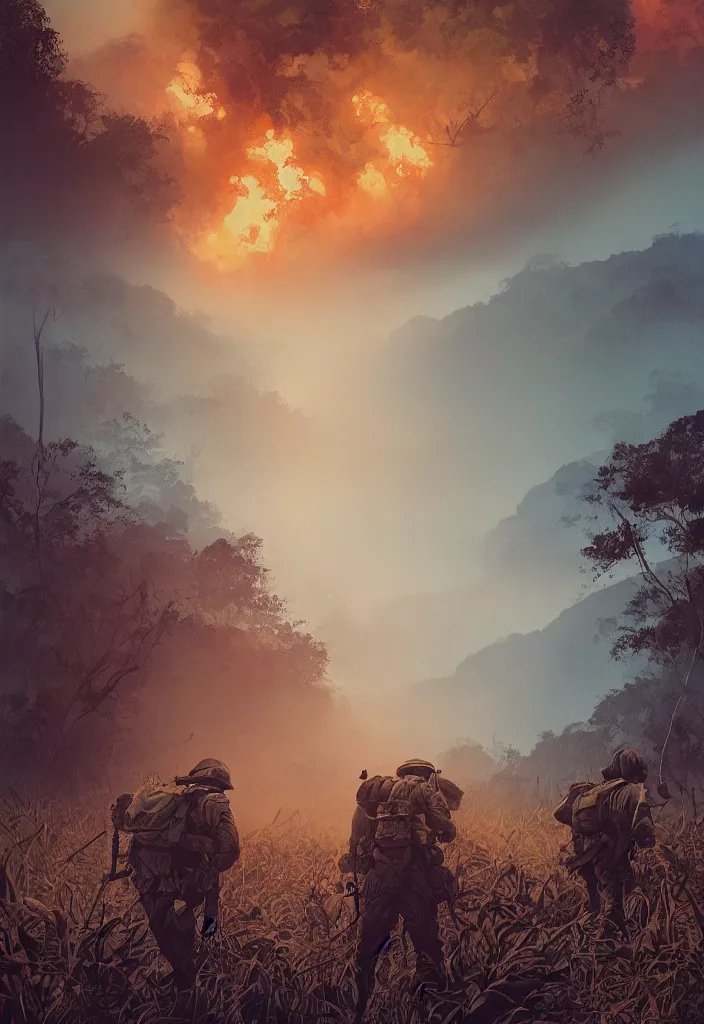 Prompt: handmade illustration of an epic Vietnam war scene with only one american soldiers stand still, the jungle at the background, some smoke and fire, blue sky with dramatic clouds, line art, ballpoint, oil on canvas by Kilian Eng and by Jake Parker, heavy brushstrokes, winning-award masterpiece, fantastic, octane render, 8K HD Resolution, High quality image