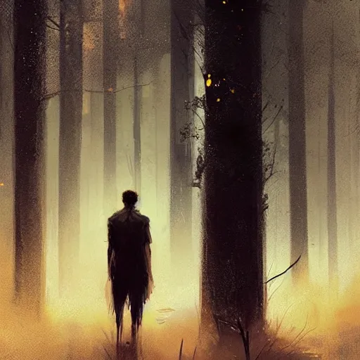 Image similar to concept art by greg rutkowski, a very tall and slender young man walking with a very tall and slender woman through a forest of giant trees, dark atmosphere, surrounded by fireflies, detailed portraits, disturbing atmosphere, scifi, digital painting, artstation, concept art, smooth, sharp foccus ilustration, artstation hq