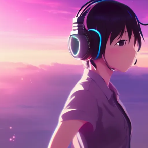 prompthunt: an anime music producer with headphones on, official art, key  visual, studio lightning, very detailed bd cover, Kimi no Na Wa,  hyperrealistic, artstation, caustics, trending on Artstation, 8K, octane  renderer, rtx