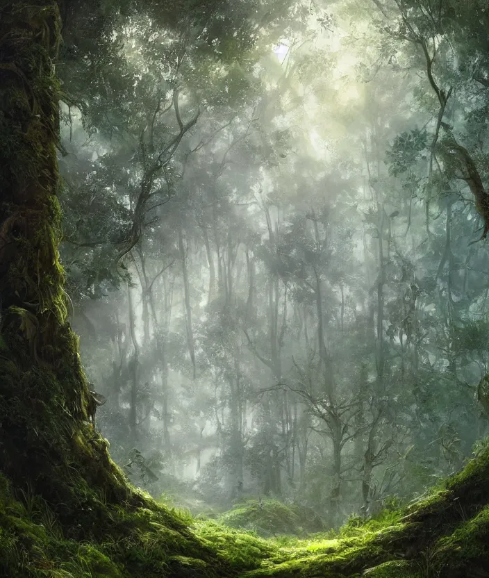 Prompt: most epic landscape, epic cinematic hyperrealism masterpiece. realistic poster with shaded lighting by craig mallismo, artgerm, jeremy lipkin and michael garmash, unreal engine, radiant light, detailed and complex environment, digital art, art station trends, environmental portrait, low angle, 3 5 mm, forest path, jungle, misty, moss, vines, fern