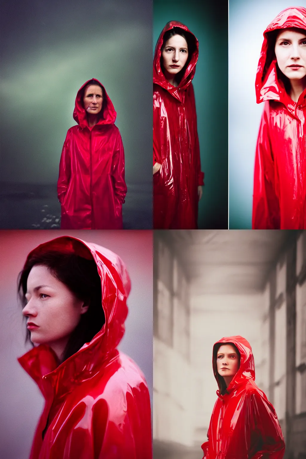 Prompt: detailed and realistic face portrait photography at night of a woman wearing a translucent red raincoat with hoodie by Annie Leibovitz. Cinematic. Lens flare. Portra 800 film. Helios 44m. Neo noir style.