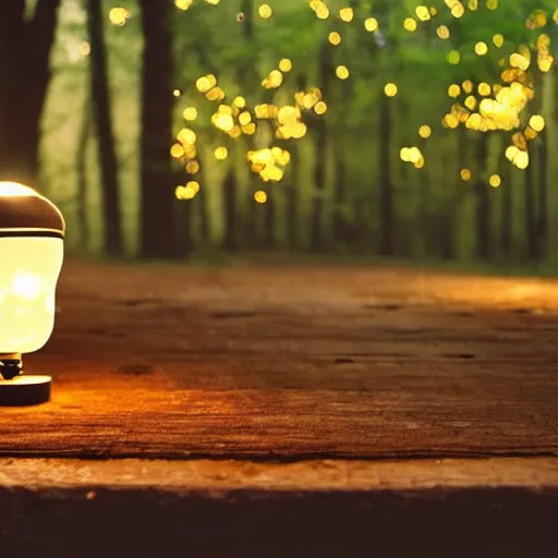 Prompt: A small desk with desklamp in the middle of a forest, floating lights, magical