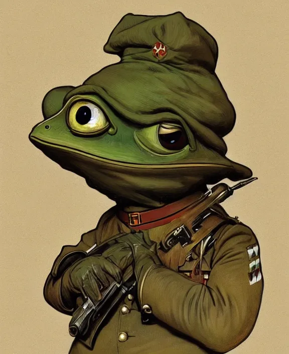 Prompt: Pepe the Frog in WW1 military uniform, Schutztruppe, German Empire, WW1, Tooth Wu Artgerm Greg Rutkowski Alphonse Mucha Beeple artstation deviantart, 8k, fanart, extreme aesthetic