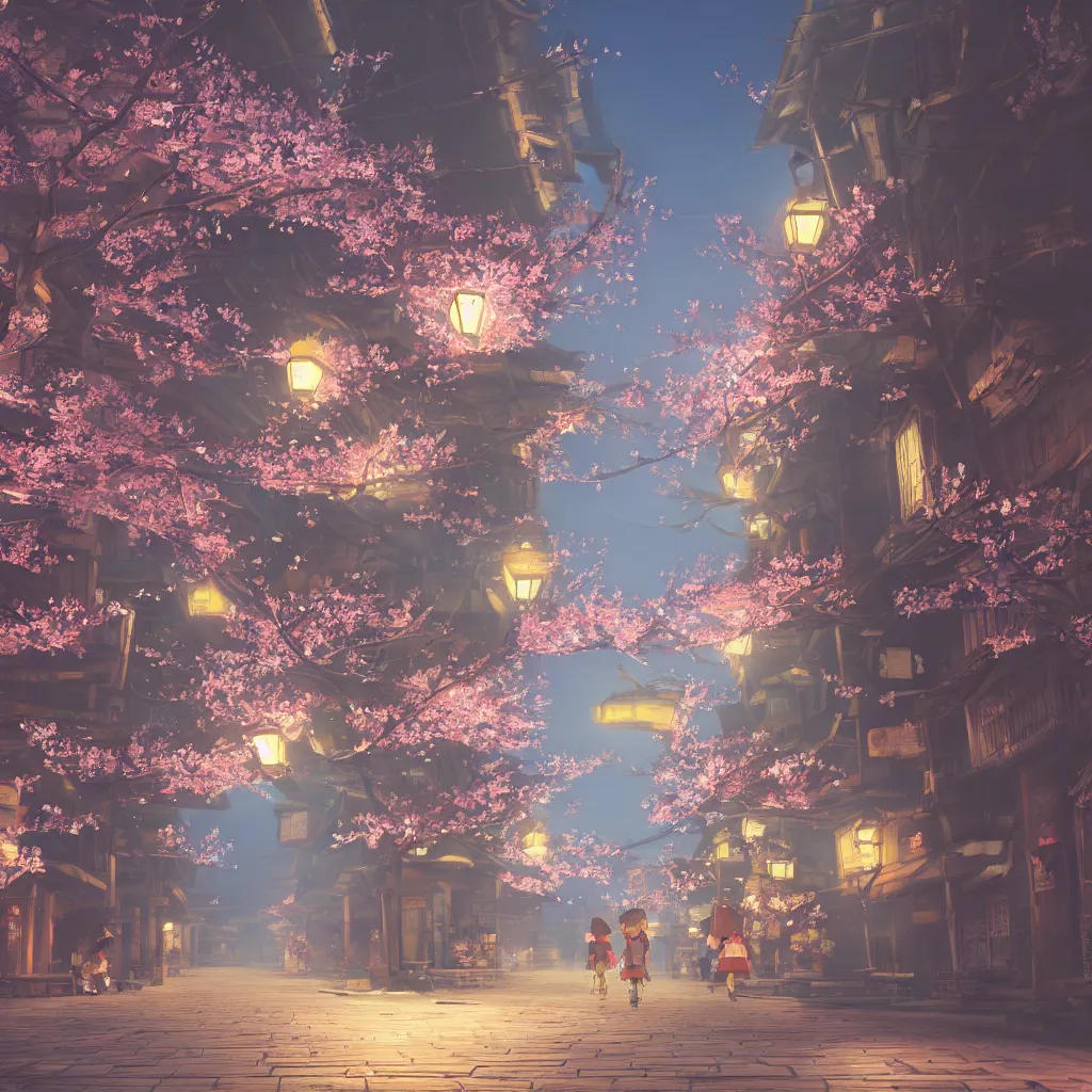 Image similar to Japanese street at night, cherry blossom petals, highly detailed, 3D render, digital art, artstation, 8K photography, matte photo-realistic, vivid colors, moody cool temperature, by Hayao Ghibli Miyazaki, breath of the wild style