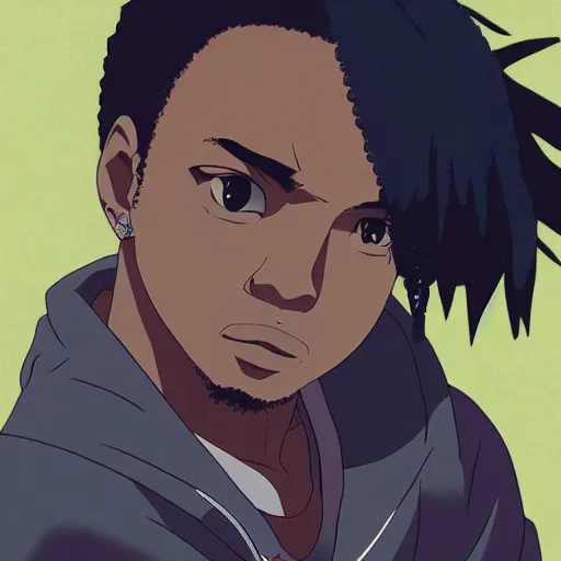 Image similar to Kendrick Lamar as an anime character in an anime, still, portrait