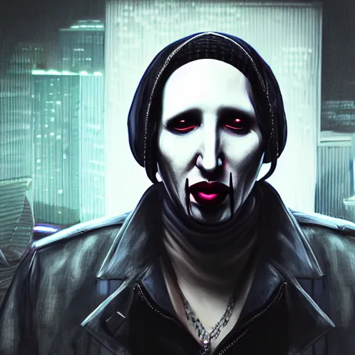 Image similar to portrait isometric drawing, Marilyn Manson as Aiden Pearce character from Watch Dogs game, cyberpunk, intricate, epic lighting, cinematic composition, hyper realistic, 8k resolution, unreal engine 5, by Artgerm, tooth wu, dan mumford, beeple, wlop, rossdraws, James Jean, Andrei Riabovitchev, Marc Simonetti, yoshitaka Amano, Artstation