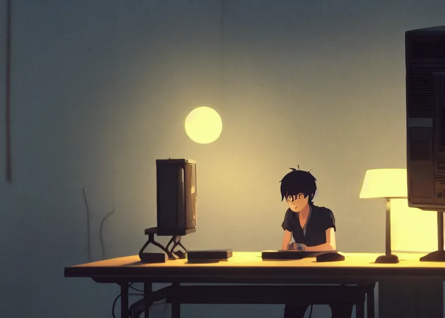 Image similar to a person next to an old pc computer at a desk with a lamp and a cactus, makoto shinkai, dusty, matte painting