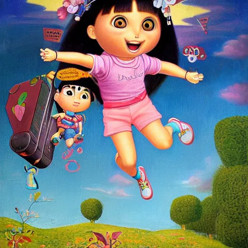 Prompt: portrait of real girl dora the explorer jumping happily,painted by mathias adolfson and mark ryden and hikari shimoda, lowbrow pop surrealism