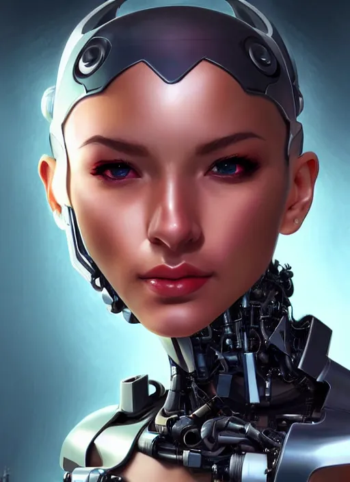 Image similar to portrait of a cyborg woman who turns her head to the (((((right))))) (((((left))))) (((((up))))) down!! by Artgerm,eyes closed , biomechanical, hyper detailled, trending on artstation