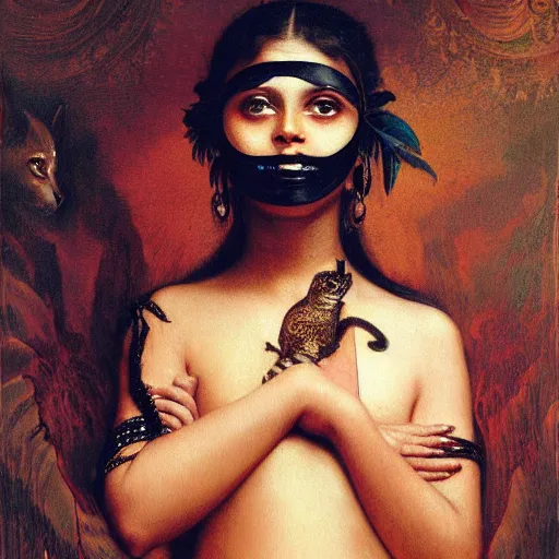 Image similar to detailed potrait 8 0 s srilankan girl with tatoos and cat woman mask in baroque painting, girl graceful,, painting by gaston bussiere, craig mullins, j. c. leyendecker, lights, art by ernst haeckel, john william godward, hammershøi,,