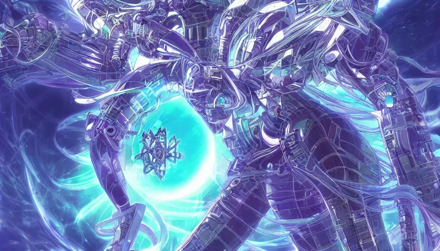 Prompt: female anime character The Android Kannon Mindar Leviathan awakening from Japan in a Radially Symmetric Alien Megastructure turbulent bismuth glitchart Atmospheric Cinematic Environmental Architectural Desi