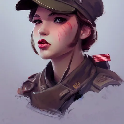 Image similar to portrait of beautiful girl with plump lips in team fortress 2 style, tragic, military art, concept art, fantasy, hd shot, digital portrait, beautiful, artstation, comic style, by artgerm, guy denning, jakub rozalski, magali villeneuve and charlie bowater