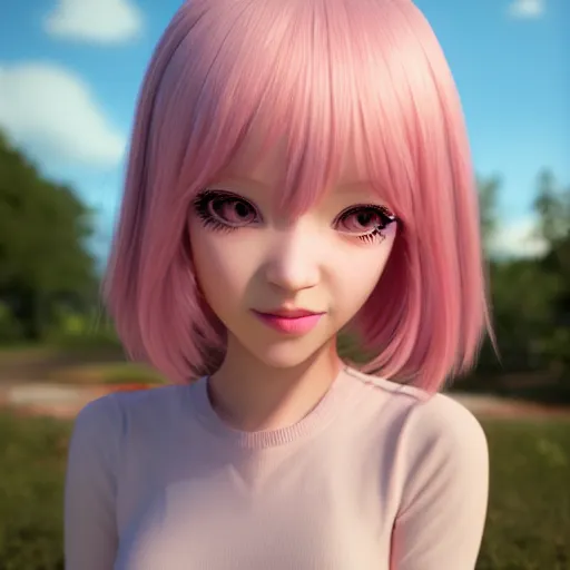 Image similar to Portrait of Nikki from Shining Nikki and Love, a cute 3d cgi toon young woman with long light pink hair, full bangs, hazel eyes, full face, light makeup, pale skin, Chinese heritage, cute outfit, medium shot, mid-shot, soft focus, 4k, trending on artstation, as a Pixar character