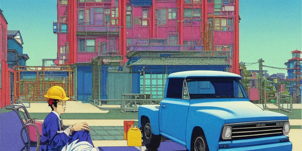 Prompt: a little blue truck with a construction site in the background, acid and dreaming psychedelic hallucinations, by kawase hasui, moebius and edward hopper, colorful flat surreal design, hd, 8 k, artstation