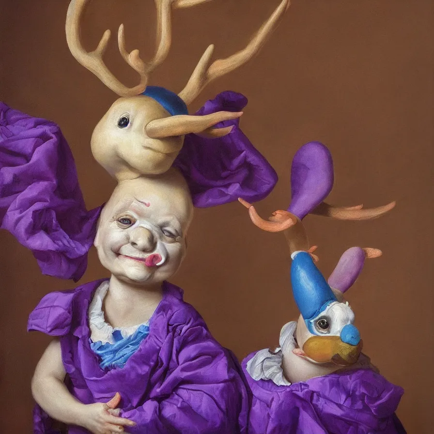 Image similar to rare hyper realistic portrait painting by dutch masters, studio lighting, brightly lit purple room, a blue rubber ducky with antlers laughing at a giant crying rabbit with a clown mask