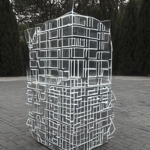 Prompt: A geometric concrete sculpture on a black metal grid with glass bubbles in an art gallery