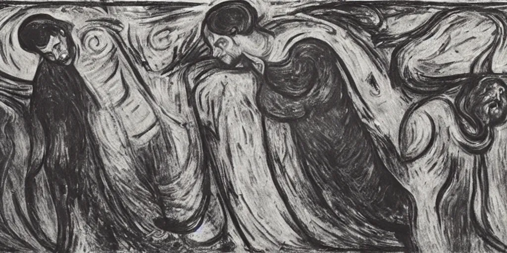 Image similar to killing biblical Matthew with loud yells in an apocaliptic environment, expressionist, art by Edvard Munch