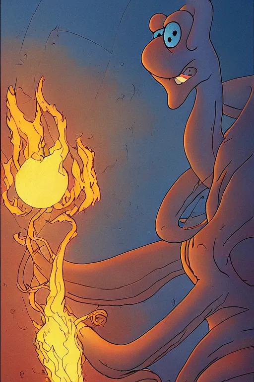 Prompt: squidward firebending outside at susnset, art by moebius