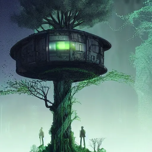 Prompt: a scifi tree house in a dark dystopia forest